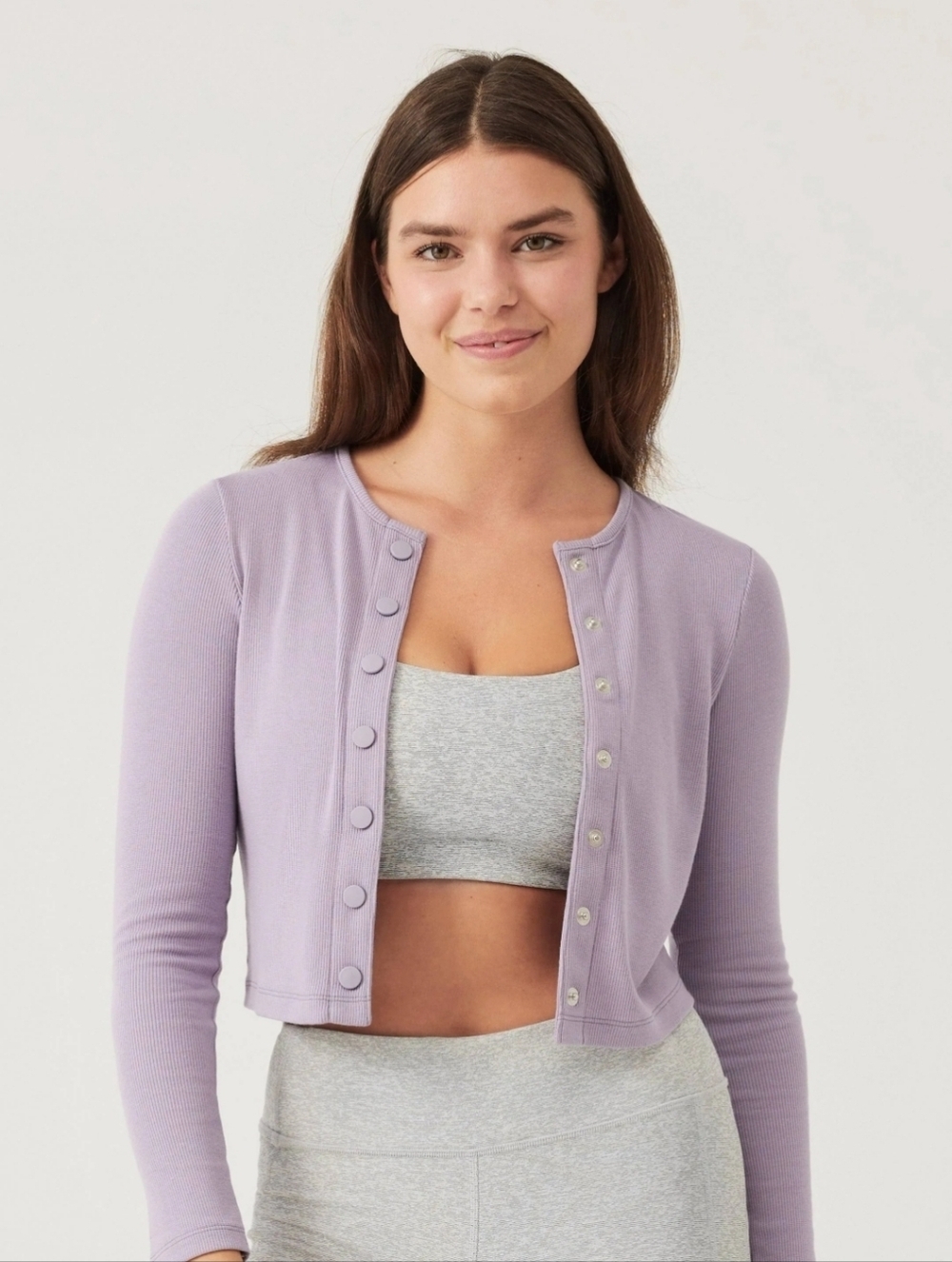 Outdoor Voices Cozy Rib Cropped Cardigan Earl Grey/Lavender Soft Girl Athleisure